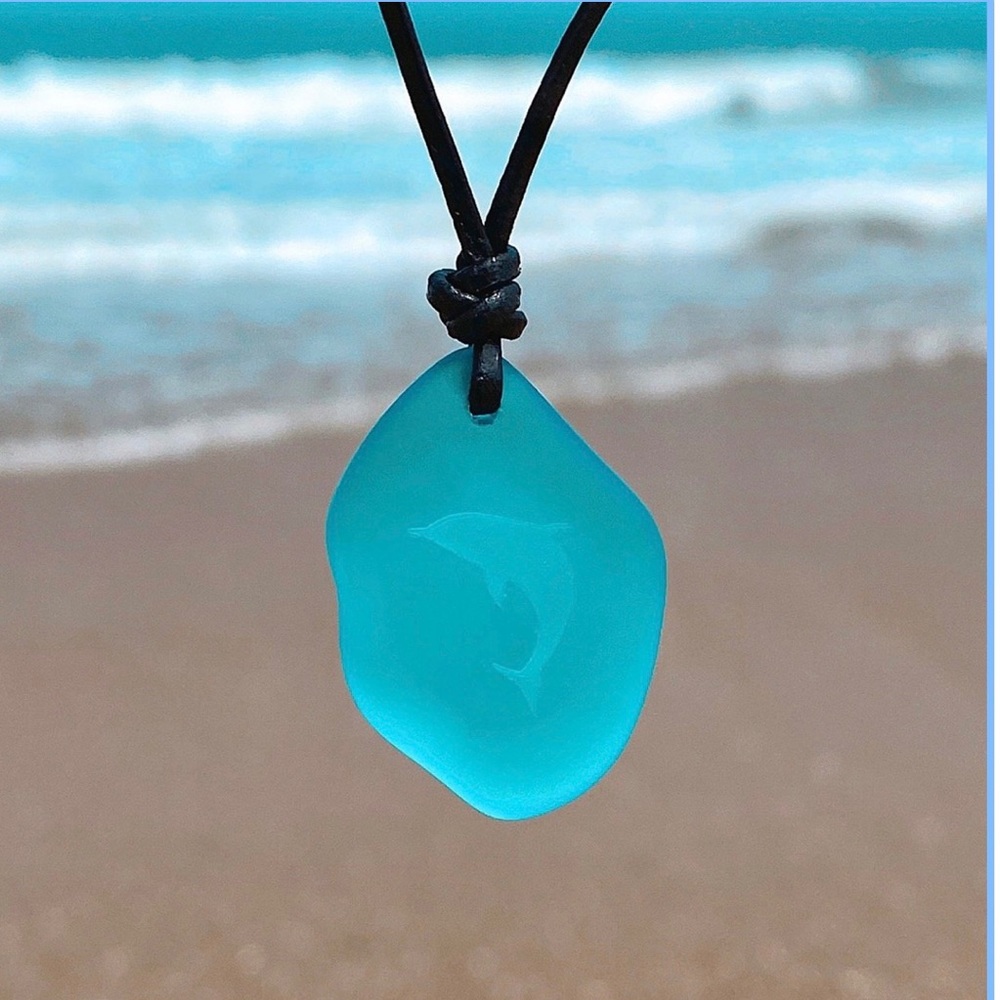 Engraved Dolphin Sea Glass Necklace, New!!
